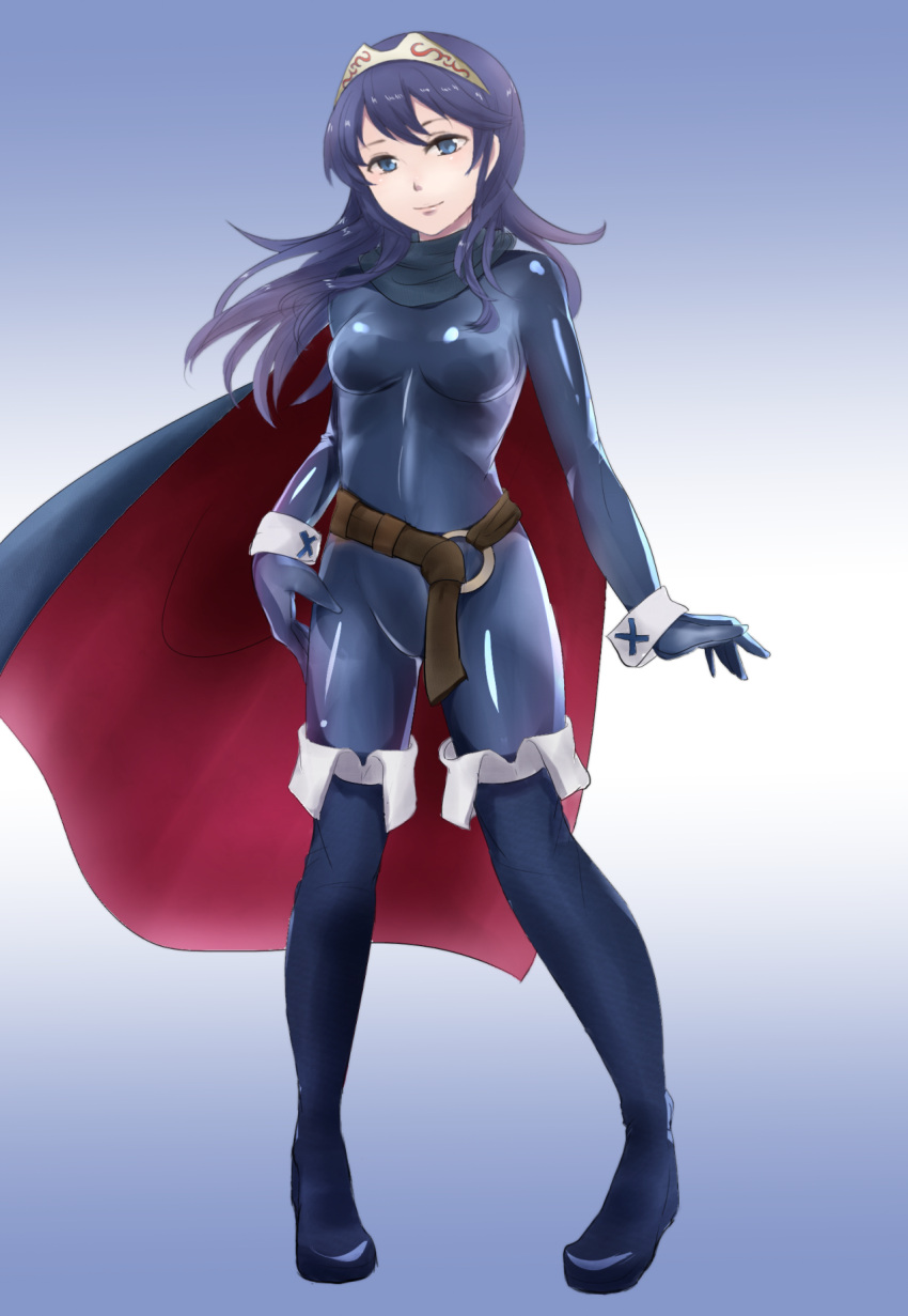 1girl belt blue_eyes blue_hair bodysuit boots cape covered_navel fire_emblem fire_emblem:_kakusei full_body highres himaneko latex latex_suit long_hair looking_at_viewer lucina matching_hair/eyes shiny shiny_clothes skin_tight smile solo tiara