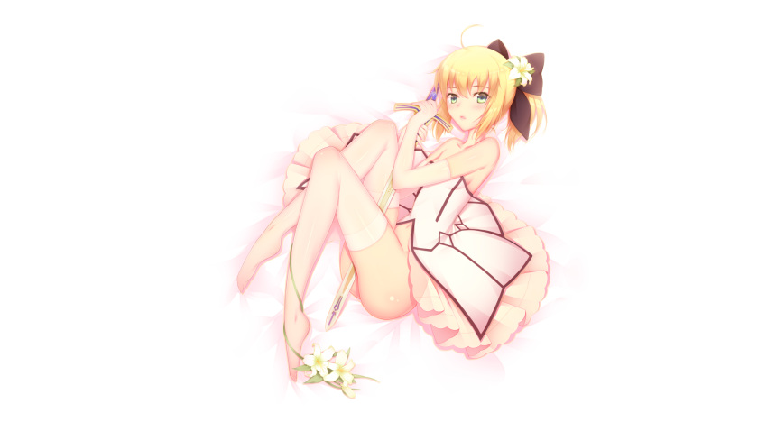 1girl :p ahoge ass bangs bed_sheet black_ribbon blonde_hair blush breasts caliburn collarbone dress fate/grand_order fate/stay_night fate/unlimited_codes fate_(series) flower frilled_skirt frills from_above gloves green_eyes hair_flower hair_ornament hair_ribbon highres hitomilook knees_up lily_(flower) long_hair looking_at_viewer lying on_bed on_side pantyhose ponytail ribbon saber saber_lily sidelocks simple_background skirt small_breasts solo strapless strapless_dress sword tongue tongue_out weapon white_background white_dress white_gloves white_legwear