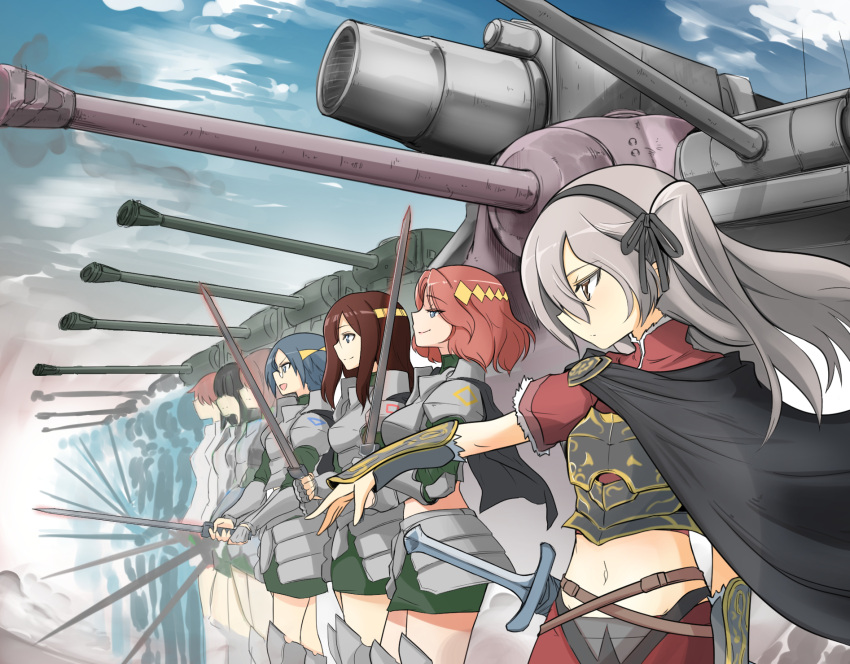 6+girls alternate_costume armor armored_dress army azumi_(girls_und_panzer) bangs belt black_ribbon boots breastplate brown_hair cape capelet centurion_(tank) closed_mouth clouds cloudy_sky commentary_request crop_top faceless faceless_female from_side gauntlets girls_und_panzer glasses greaves green_shirt green_skirt grey_hair ground_vehicle hair_ribbon headband highres holding hoshikawa_(flcl_crazy_sunshine) karl_gerat light_brown_hair lineup long_hair m26_pershing megumi_(girls_und_panzer) midriff military military_vehicle motor_vehicle multiple_girls open_mouth profile red_shirt red_skirt redhead ribbon rumi_(girls_und_panzer) shimada_arisu shirt short_hair short_sleeves skirt sky smile standing sword t28_super_heavy_tank tank thigh-highs thigh_boots weapon wind