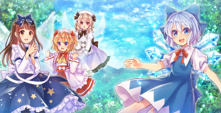4girls :d arm_garter bangs black_bow black_ribbon blonde_hair blouse blue_bow blue_dress blue_eyes blunt_bangs bow brown_eyes brown_hair chestnut_mouth cirno clenched_hands clouds dress drill_hair eyebrows_visible_through_hair fairy fairy_wings hair_between_eyes hair_bow hat hat_ribbon highres ice ice_wings long_hair long_sleeves luna_child multiple_girls nature neme open_mouth orange_hair outdoors puffy_long_sleeves puffy_short_sleeves puffy_sleeves red_eyes red_skirt ribbon short_hair short_sleeves skirt sky smile star star_print star_sapphire steepled_fingers sunny_milk touhou violet_eyes white_blouse white_dress white_hat wings yellow_ascot