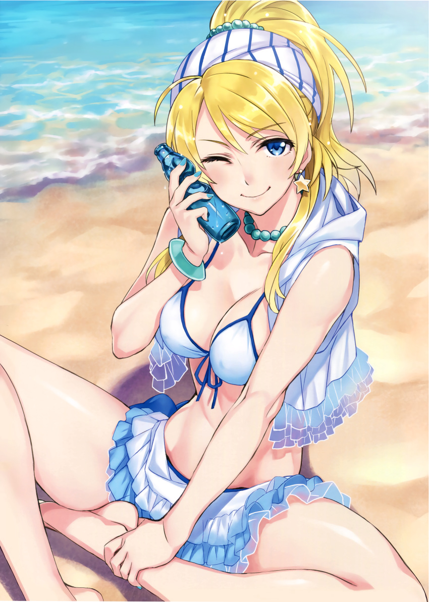 1girl ;) absurdres ahoge aqua_nails ayase_eli bangle bangs bare_shoulders barefoot beach bikini bikini_under_clothes blonde_hair blue_eyes blush bottle bottle_to_cheek bracelet breasts cleavage condensation day detexted earrings feet front-tie_top hair_ribbon highres holding holding_bottle hood hood_down jewelry long_hair looking_at_viewer love_live! love_live!_school_idol_project makeup mascara matsuryuu nail_polish natsuiro_egao_de_1_2_jump! necklace one_eye_closed outdoors pearl_necklace ramune ribbon scan shiny shiny_skin sleeveless sleeveless_hoodie smile solo star star_earrings striped striped_ribbon sunlight swept_bangs swimsuit swimsuit_under_clothes