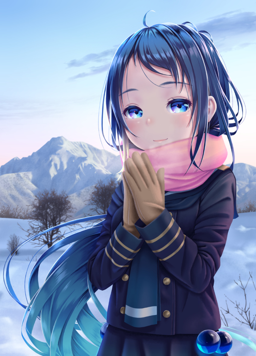 1girl bangs blue_eyes blue_hair brown_gloves clouds coat gloves gradient_hair hands_together hane_yoshiyumi highres kantai_collection long_hair matching_hair/eyes mountain multicolored_hair outdoors pink_scarf samidare_(kantai_collection) scarf sky smile snow solo swept_bangs tree very_long_hair winter_clothes