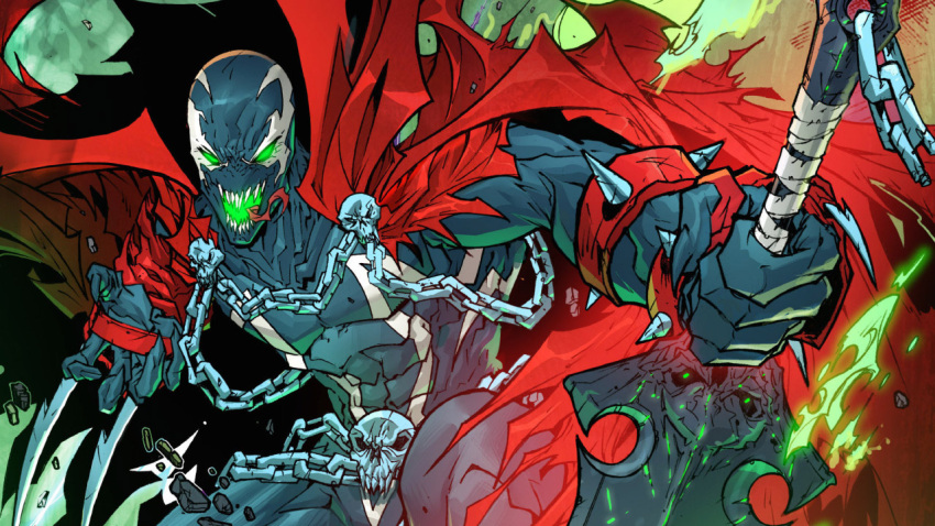 cape chains claws fire glowing glowing_eyes green_eyes green_fire image_comics jonboy official_art skull spawn spawn_(spawn) spikes superhero sword teeth tongue tongue_out weapon