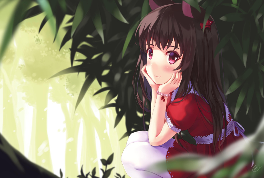 1girl absurdres animal_ears bangs bead_bracelet beads black_hair blush bracelet chin_rest closed_mouth dress frills from_side hair_ribbon highres jewelry long_hair looking_at_viewer looking_to_the_side miu_(pixiv4149478) original pantyhose puffy_short_sleeves puffy_sleeves red_dress red_eyes red_ribbon ribbon sash short_sleeves smile solo tress_ribbon white_legwear wolf_ears
