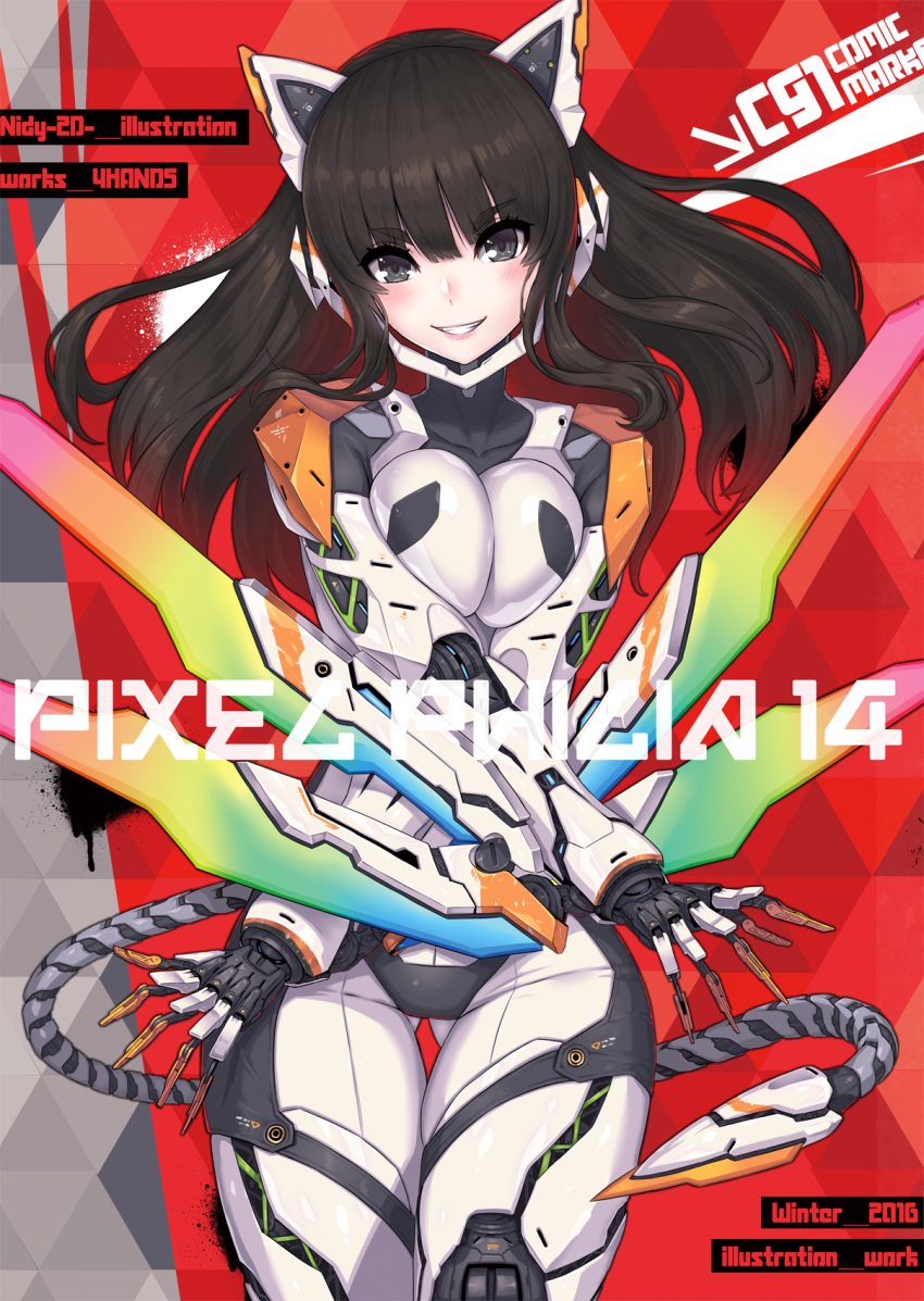1girl 2016 2d artist_name black_eyes blush breasts brown_hair c91 claws cover cover_page crossed_arms doujin_cover eyebrows_visible_through_hair grin hair_between_eyes hairpods head_tilt highres looking_at_viewer mecha_musume mechanical_tail medium_breasts number original red_background smile solo