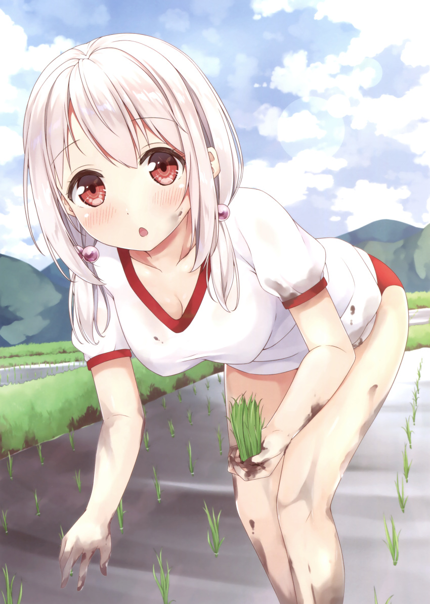 1girl :o absurdres bangs bent_over blush breasts buruma cleavage clouds cloudy_sky collarbone cowboy_shot day dirty dirty_clothes dirty_face eyebrows_visible_through_hair field grass gym_uniform hair_bobbles hair_ornament highres karutamo leaning_forward looking_at_viewer low_twintails medium_breasts mountain open_mouth original pink_hair puffy_short_sleeves puffy_sleeves red_eyes rice_paddy scan shirt short_sleeves sky solo tisshu_(karutamo) twintails water white_shirt