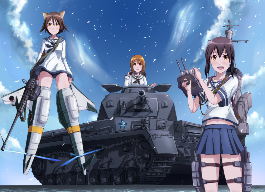 3girls :d animal_ears bangs black_hair blouse blue_skirt blue_sky brown_eyes brown_hair buruma clouds cloudy_sky confetti crossover dai_toro day dog_ears emblem fubuki_(kantai_collection) funnels girls_und_panzer ground_vehicle gun headphones headphones_removed highres kantai_collection long_hair long_sleeves machine_gun machinery military military_vehicle miniskirt miyafuji_yoshika motor_vehicle multiple_crossover multiple_girls navel neckerchief nishizumi_miho ooarai_(emblem) open_mouth outdoors panzerkampfwagen_iv pleated_skirt riding school_swimsuit school_uniform serafuku short_hair short_sleeves skirt sky smile standing strike_witches striker_unit swimsuit swimsuit_under_clothes tank throat_microphone trait_connection turret weapon white_blouse world_witches_series