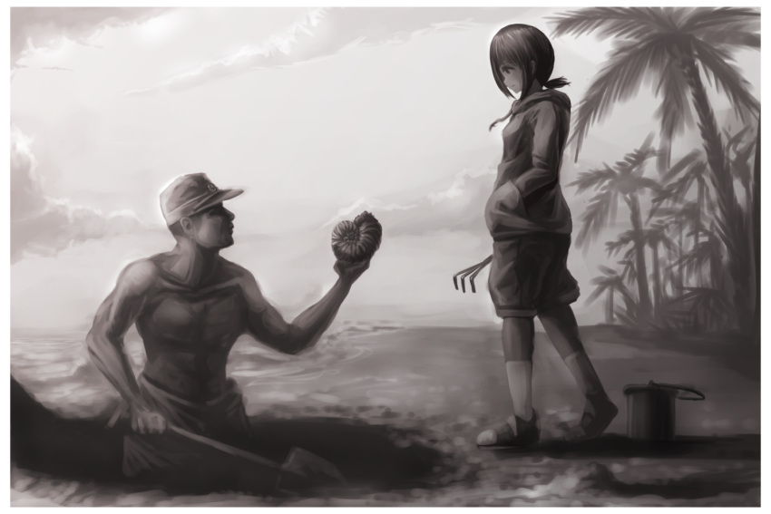 1boy 1girl ammonite beach bucket casual clam_digging clouds cloudy_sky dai_toro fubuki_(kantai_collection) greyscale hand_in_pocket hat holding horizon kantai_collection long_hair low_ponytail monochrome shorts shovel sky soldier sweater topless tree worktool