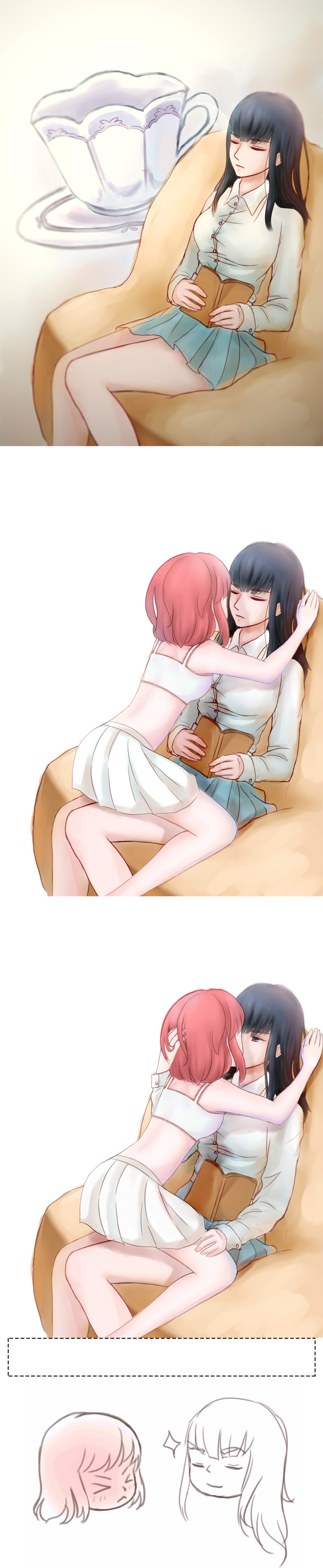 absurdres black_hair blow blush chibi coffee_mug crop_top highres jakuzure_nonon kill_la_kill kiryuuin_satsuki kiss long_image love miniskirt on_lap pink_hair sitting skirt tall_image thick_eyebrows yuan_ban_xizi yuri