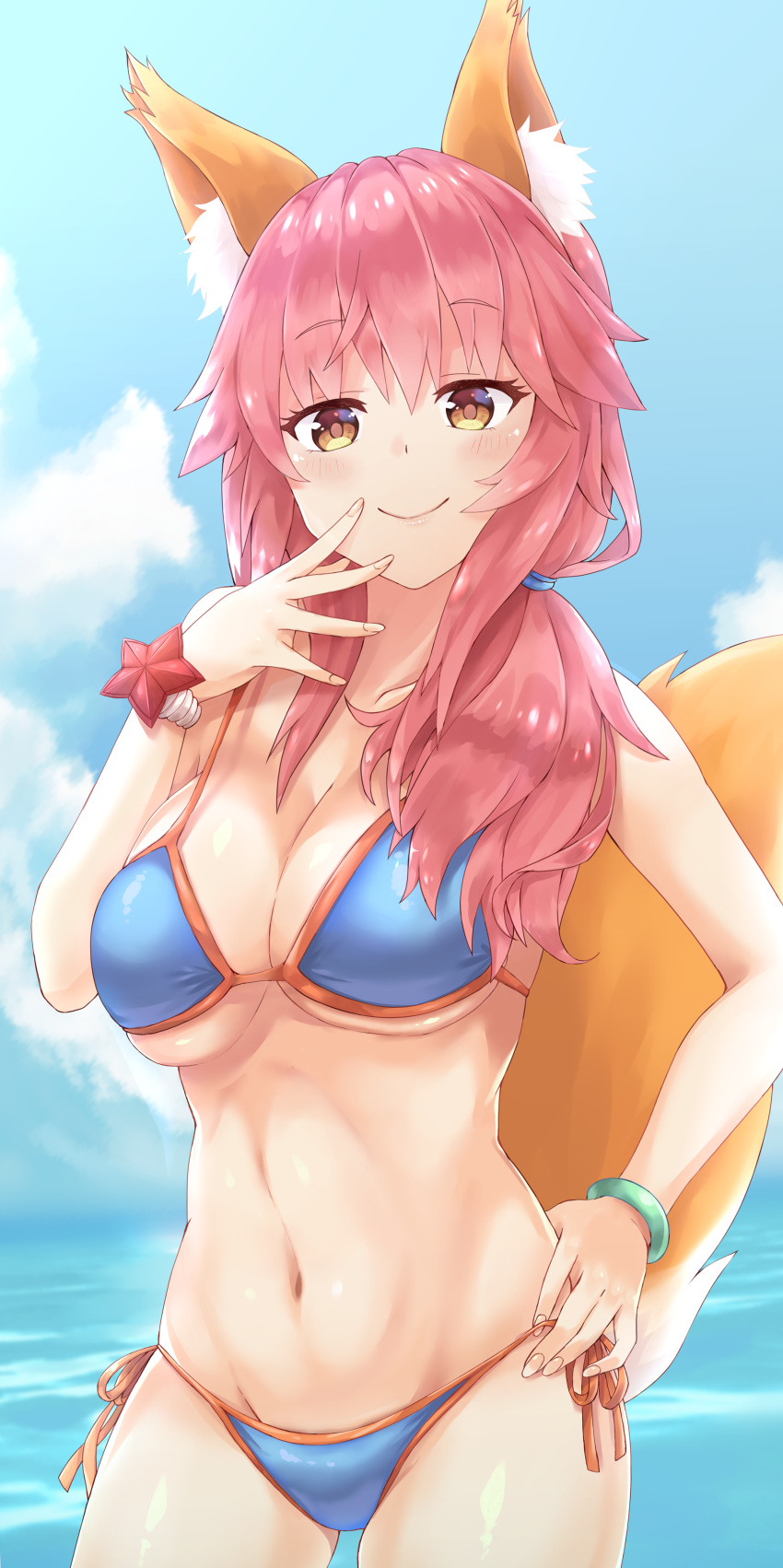 1girl absurdres animal_ears bikini blue_bikini blush breasts chaou cleavage fate/extra fate/grand_order fate_(series) fox_ears fox_tail groin highres large_breasts long_hair looking_at_viewer navel pink_hair solo swimsuit tail tamamo_(fate)_(all) tamamo_no_mae_(swimsuit_lancer)_(fate) yellow_eyes