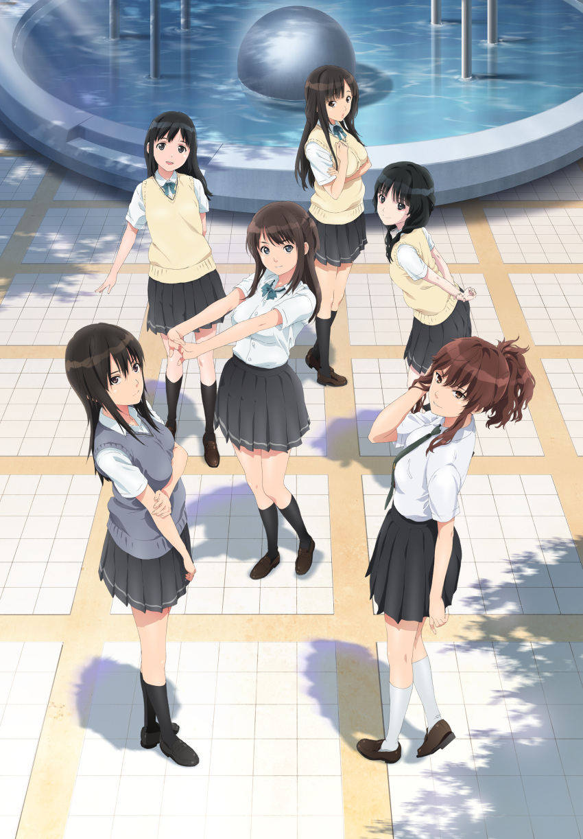 6+girls :d :o absurdres arm_behind_back arms_behind_back black_hair black_legwear black_skirt blue_eyes blush bow bowtie breast_hold breasts brown_eyes brown_hair brown_shoes buttons closed_mouth collared_shirt dappled_sunlight dress_shirt fountain from_above from_side full_body green_bow green_bowtie green_eyes green_necktie hair_tie hand_on_own_arm hand_on_own_chest hands_clasped head_tilt highres hiyama_miu kamizaki_makoto key_visual kneehighs large_breasts leaning_forward loafers looking_at_viewer miyamae_tooru multiple_girls necktie official_art open_mouth outstretched_arms pink_lips pleated_skirt ponytail sanjou_ruise scan school_uniform seiren shadow shirt shoes short_sleeves sidelocks skirt smile stretch sunlight sweater_vest tareme touno_kyouko tsuneki_hikari violet_eyes water wavy_hair white_legwear wing_collar