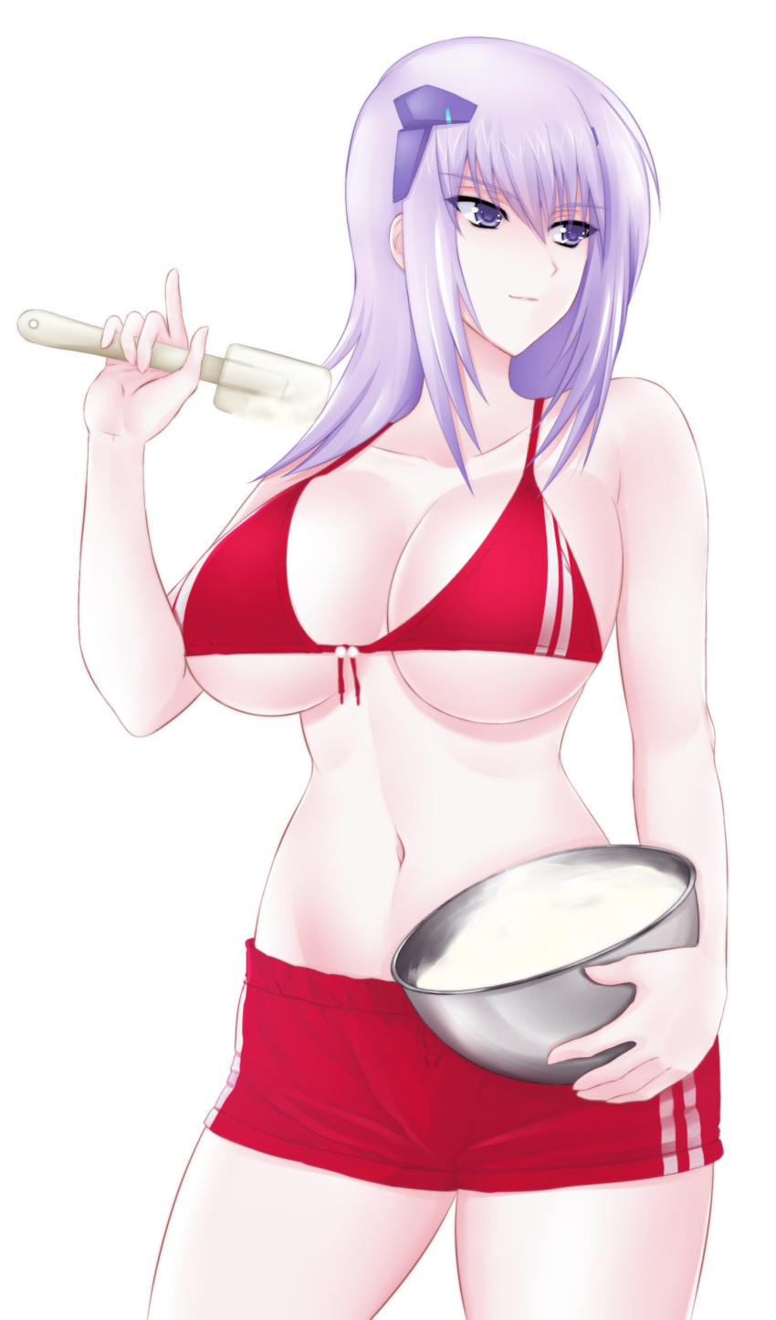 &gt;:) 1girl absurdres bangs bowl breasts cleavage closed_mouth collarbone cowboy_shot cryska_barchenowa female green_kaminari hair_ornament highres large_breasts lavender_hair long_hair looking_away muvluv muvluv_alternative muvluv_total_eclipse navel simple_background smile solo sports_bikini stomach under_boob violet_eyes white_background