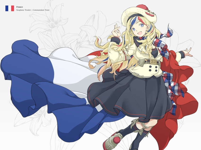 1girl aka_ringo anchor_hair_ornament bangs belt beret blonde_hair blue_eyes blue_hair breasts cleavage commandant_teste_(kantai_collection) double-breasted dress french_flag hair_ornament hat highres jacket kantai_collection long_hair looking_at_viewer matching_hair/eyes multicolored_hair open_mouth platform_footwear pom_pom_(clothes) redhead scarf seaplane_tender socks solo streaked_hair