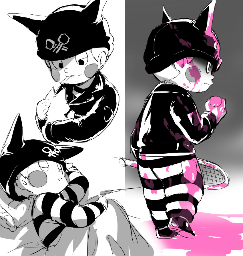 1boy animal ball blanket blood blush_stickers cat closed_eyes closed_mouth commentary_request dangan_ronpa_(series) dangan_ronpa_v3:_killing_harmony fake_horns from_side full_body grey_background hat highres holding holding_animal horns hoshi_ryouma jacket leather leather_jacket male_focus pants pink_blood racket shiny shiny_clothes sleeping standing striped striped_pants suurin_(ksyaro) tennis_ball tennis_racket