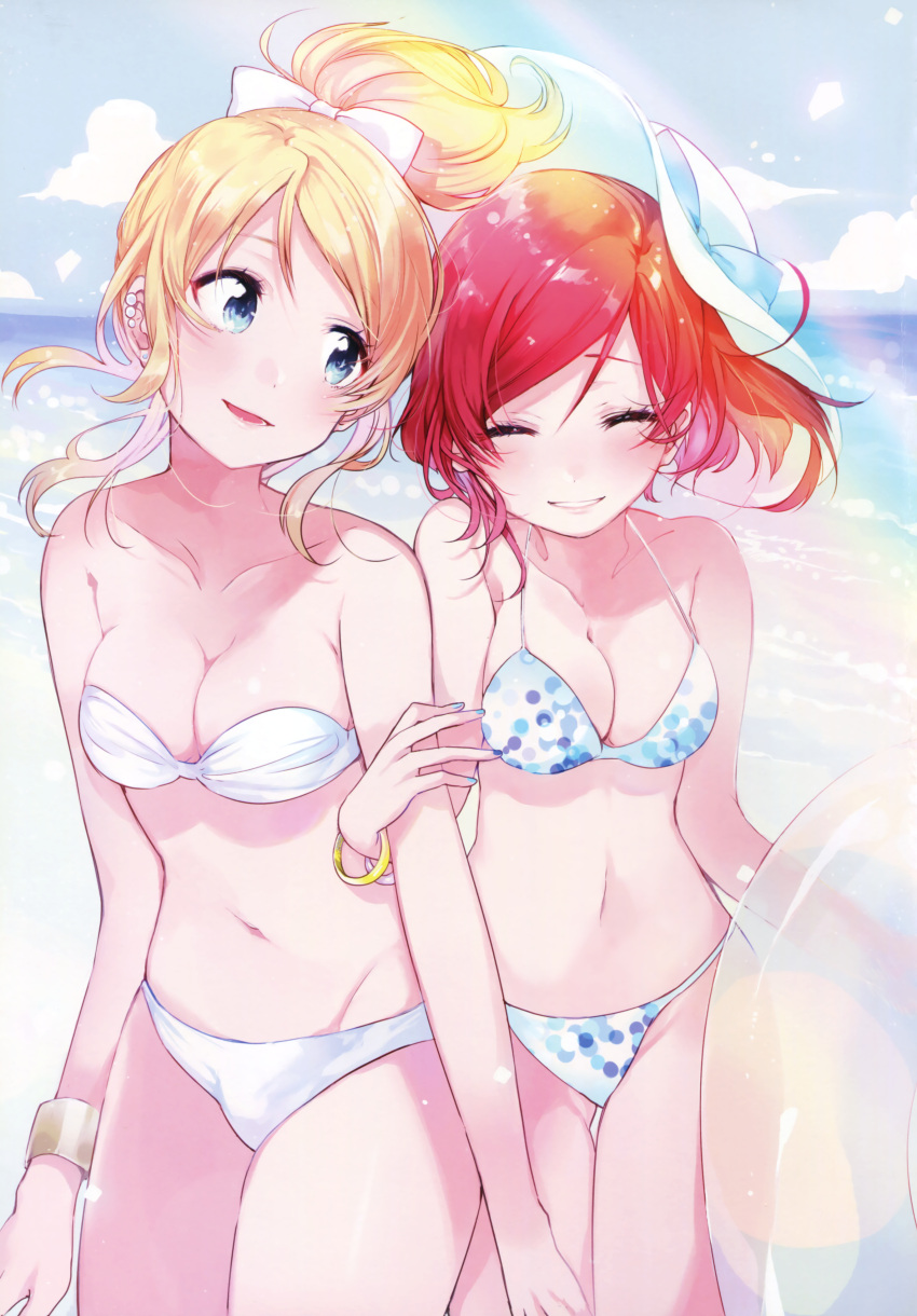 2girls :d absurdres ayase_eli bandeau bare_shoulders beach bikini blonde_hair blue_eyes blue_sky blush bow bracelet breasts cleavage closed_eyes closed_mouth collarbone cowboy_shot day earrings fly_333 grin groin hair_bow hat head_tilt highres innertube jewelry locked_arms long_hair love_live! love_live!_school_idol_project medium_breasts multiple_girls navel nishikino_maki open_mouth outdoors parted_lips polka_dot ponytail rainbow redhead scan short_hair sky smile standing strapless strapless_bikini summer sun_hat swimsuit tareme teeth thigh_gap white_bikini white_bow white_hat