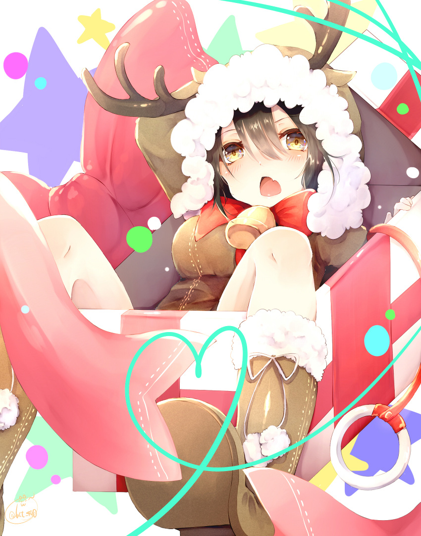 1girl animal_costume antlers bangs bell blush bow box breasts brown_coat brown_eyes brown_hair chita_(ketchup) coat fang fur-trimmed_boots fur_trim hair_between_eyes heart heart_of_string highres hood_up in_box in_container knees_up large_bow large_breasts looking_at_viewer open_mouth original red_bow red_ribbon reindeer_costume ribbon signature sitting solo star starry_background twitter_username