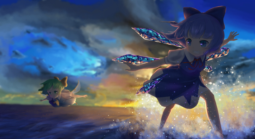 2girls ascot blue_bow blue_dress blue_eyes blue_hair bow cirno collared_dress daiyousei dress fairy_wings fancyaccelerate flying green_hair grin hair_bow highres horizon ice ice_wings looking_down looking_to_the_side multiple_girls outstretched_arms puffy_short_sleeves puffy_sleeves red_ribbon ribbon short_hair short_sleeves sky smile touhou water wings yellow_ascot