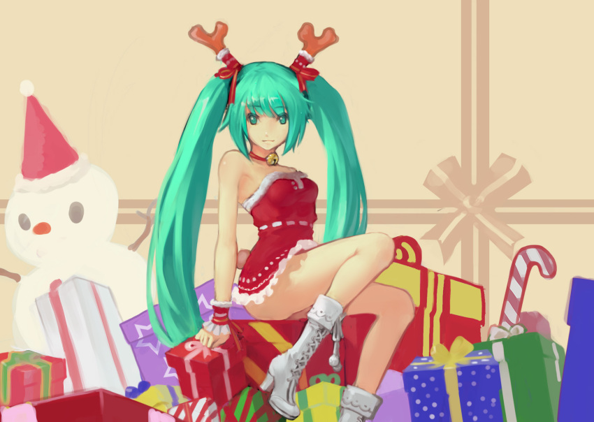 1girl antlers bare_shoulders bell bell_choker bell_collar boots choker christmas collar cross-laced_footwear gift green_eyes green_hair hatsune_miku high_heels highres jingle_bell lace-up_boots long_hair looking_at_viewer santa_costume sitting snowman solo twintails very_long_hair vocaloid white_boots