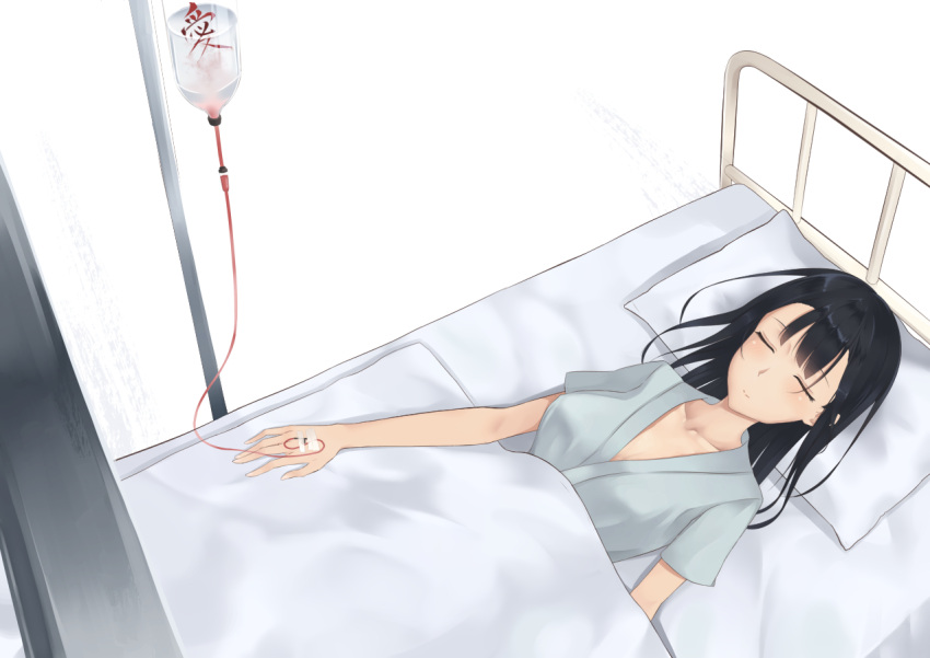 1girl bangs bed black_hair blanket breasts closed_eyes collarbone hospital_bed hospital_gown intravenous_drip large_breasts long_hair lying on_back original pillow rure smile solo translated white_background