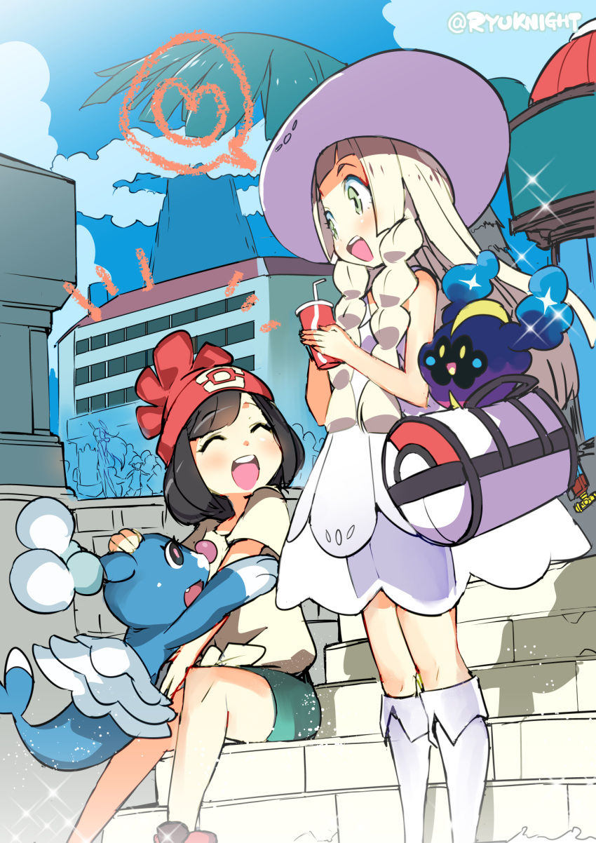 2girls :d ^_^ bag beanie black_hair blonde_hair braid brionne building cameo closed_eyes commentary_request cosmog crossover cup day dress drinking_straw duffel_bag female_protagonist_(pokemon_sm) green_eyes hat headgear heart highres kantai_collection lillie_(pokemon) long_hair multiple_girls murakumo_(kantai_collection) naitou_ryuu open_mouth pokemon pokemon_(creature) pokemon_(game) pokemon_sm red_hat revision see-through shirt short_hair shoulder_bag sitting sitting_on_stairs sketch sky sleeveless sleeveless_dress smile soda_cup spoken_heart stairs sun_hat tied_shirt twin_braids white_dress white_hat