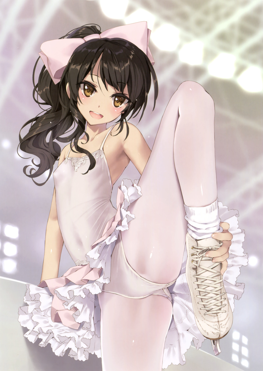 1girl :d absurdres bow breasts brown_eyes brown_hair covered_navel hair_bow hair_over_breasts highres ice_skates indoors leg_lift leotard long_hair looking_at_viewer open_mouth original pantyhose ponytail scan skates small_breasts smile solo tsurusaki_takahiro white_legwear