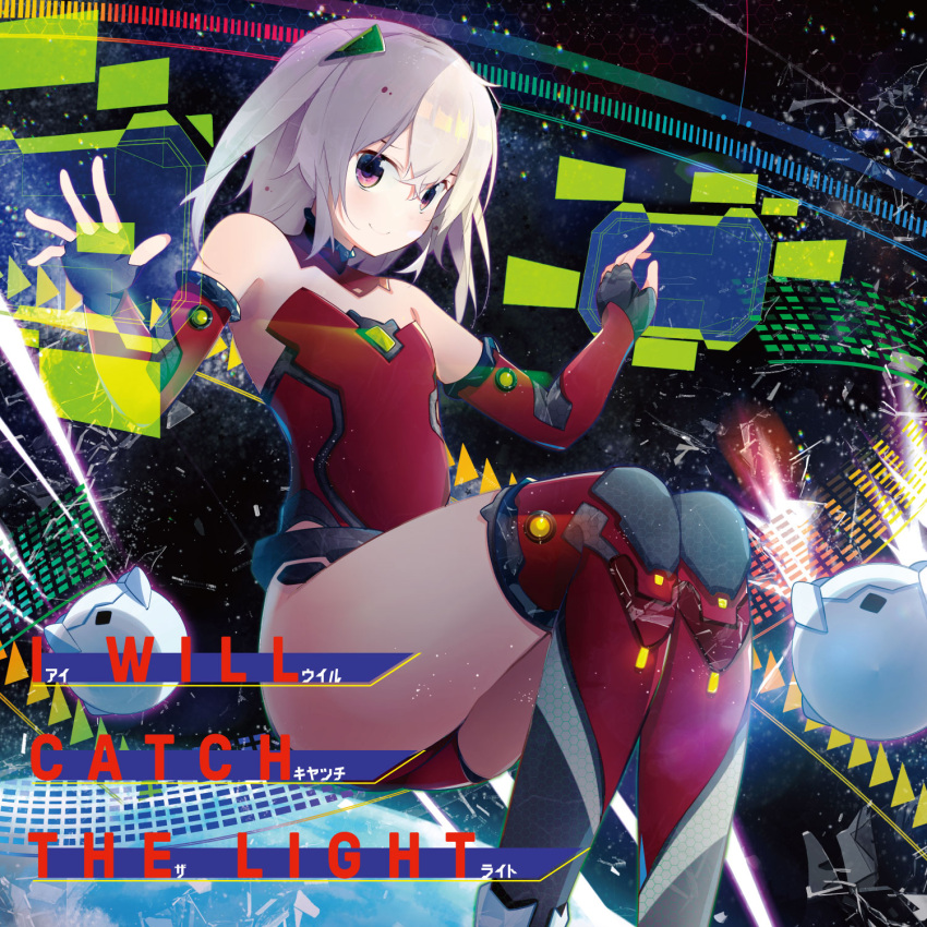 1girl album_cover bare_shoulders boots cover display earth fingerless_gloves floating glasses gloves hair_ornament highres leotard nmaaaaa original silver_hair smile solo space thigh-highs thigh_boots wavforme