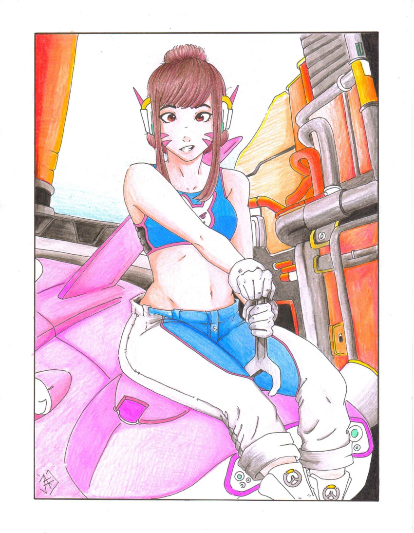 :d adapted_costume alternate_hairstyle ankle_boots bangs bare_shoulders between_legs boots bracer breasts brown_eyes brown_hair buttons collarbone colored_pencil_(medium) crop_top d.va_(overwatch) emblem facepaint facial_mark gloves grin groin hair_bun headphones highres holding jarm_esoj logo mecha mechanic meka_(overwatch) midriff navel open_mouth overwatch pants pipes short_hair sidelocks signature sitting sleeveless smile stomach teeth thrusters traditional_media whisker_markings white_boots white_gloves wrench