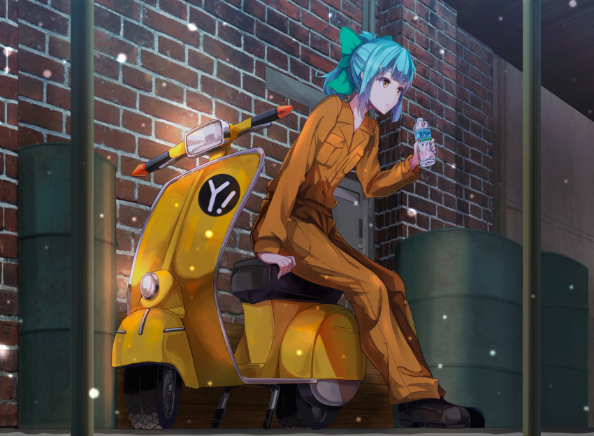 1girl :o arm_at_side bangs belt black_shoes blunt_bangs bottle bow breast_pocket brick_wall building collarbone collared_shirt door drum_(container) full_body green_bow green_hair ground_vehicle hair_bow holding holding_bottle kantai_collection konkito leaning_forward light long_sleeves motion_blur motor_vehicle motorcycle orange_pants orange_shirt outdoors parted_lips pocket ponytail shirt shoes short_hair sitting snowing solo tareme water_bottle wing_collar winter yuubari_(kantai_collection)