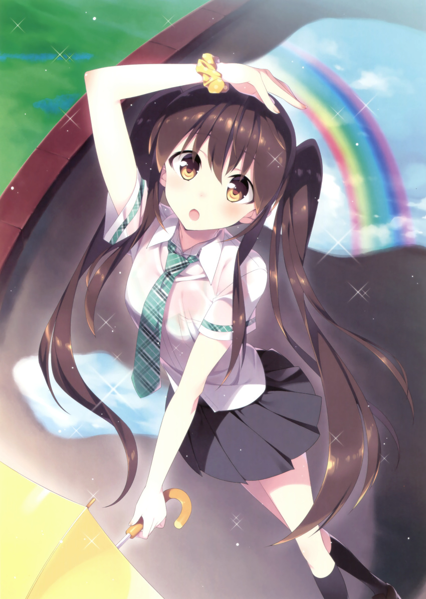 1girl :o absurdres arm_up black_legwear black_skirt brown_eyes brown_hair brown_shoes collared_shirt fingernails grass hair_between_eyes hair_ornament hair_scrunchie highres holding holding_umbrella kneehighs loafers long_hair looking_at_viewer necktie ooba_kagerou open_mouth original plaid plaid_necktie pleated_skirt puddle rainbow scan school_uniform scrunchie see-through shirt shoes short_sleeves skirt solo sparkle twintails umbrella very_long_hair water wet wet_clothes wet_shirt white_shirt