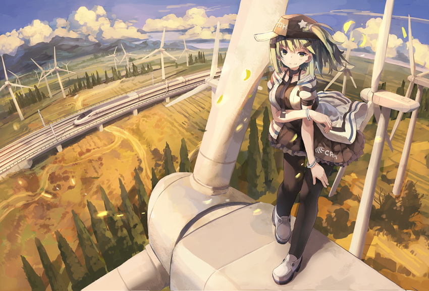 1girl blonde_hair clouds day frills from_above green_eyes ground_vehicle hat huanxiang_huifeng mountain original outdoors pantyhose side_ponytail sky smile solo train tree wind wind_turbine windmill