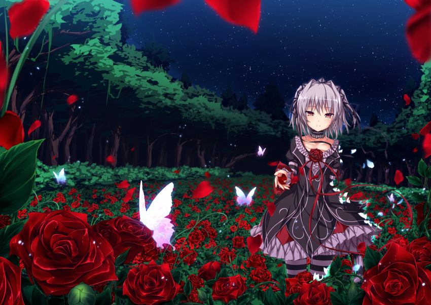 1girl butterfly collarbone flower forest gothic_lolita hairband hapymaher lolita_fashion lolita_hairband looking_at_viewer naitou_maia nature night night_sky pantyhose petals red_eyes rose short_hair silver_hair sky smile solo star_(sky) starry_sky striped striped_legwear tree ugume