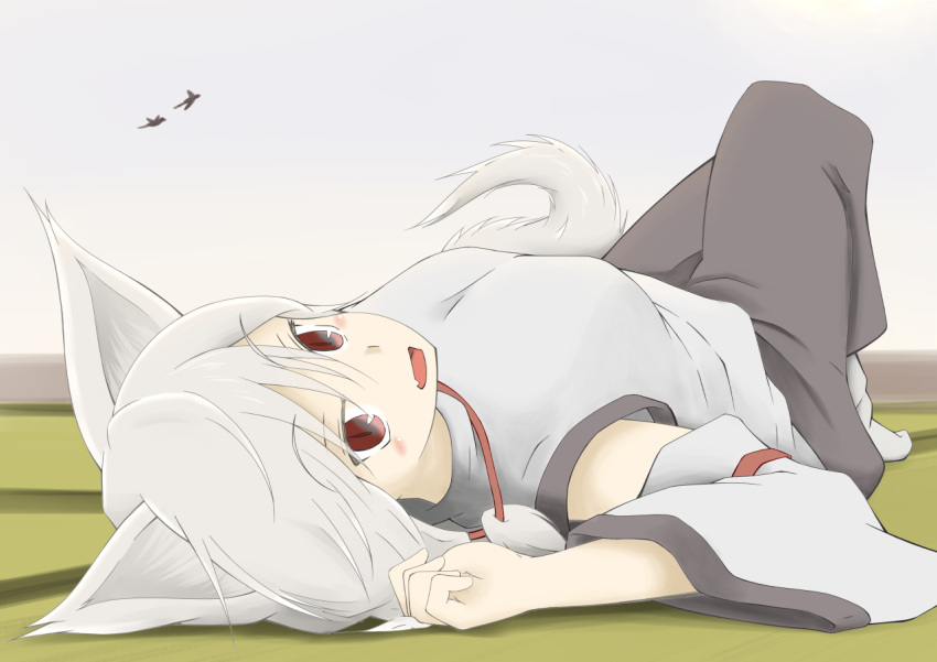 1girl animal_ears bare_shoulders breasts daibu_(poxlam) detached_sleeves fang inubashiri_momiji looking_at_viewer lying on_back open_mouth pom_pom_(clothes) red_eyes short_hair silver_hair solo tail touhou wolf_ears wolf_tail