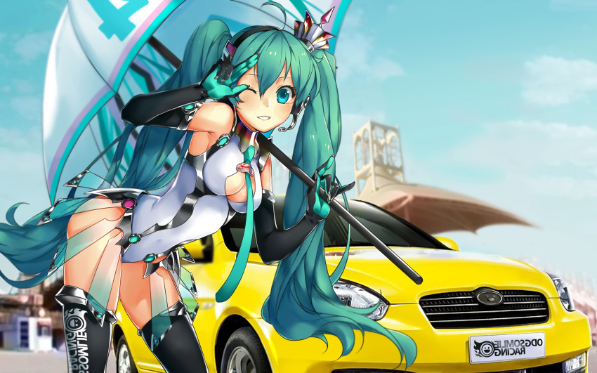 1girl ahoge car elbow_gloves gloves goodsmile_company goodsmile_racing green_eyes green_hair ground_vehicle hatsune_miku headset highres leaning_forward leotard long_hair motor_vehicle necktie one_eye_closed outdoors racequeen solo thigh-highs twintails umbrella very_long_hair vocaloid