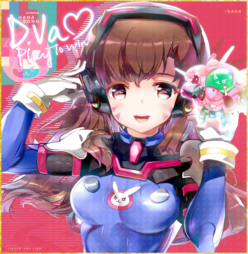 1girl :d animal_print bangs blue_bodysuit bodysuit breasts brown_eyes brown_hair bunny_print character_name cuffs d.va_(overwatch) english facepaint facial_mark gloves glowing hand_on_headphones headphones heart heco_(mama) high_collar holding long_hair looking_at_viewer mecha medium_breasts meka_(overwatch) model open_mouth overwatch pilot_suit polka_dot red_background ribbed_bodysuit shiny shiny_clothes shoulder_pads signature skin_tight smile solo striped swept_bangs teeth tongue upper_body whisker_markings white_gloves yellow_border yellow_eyes