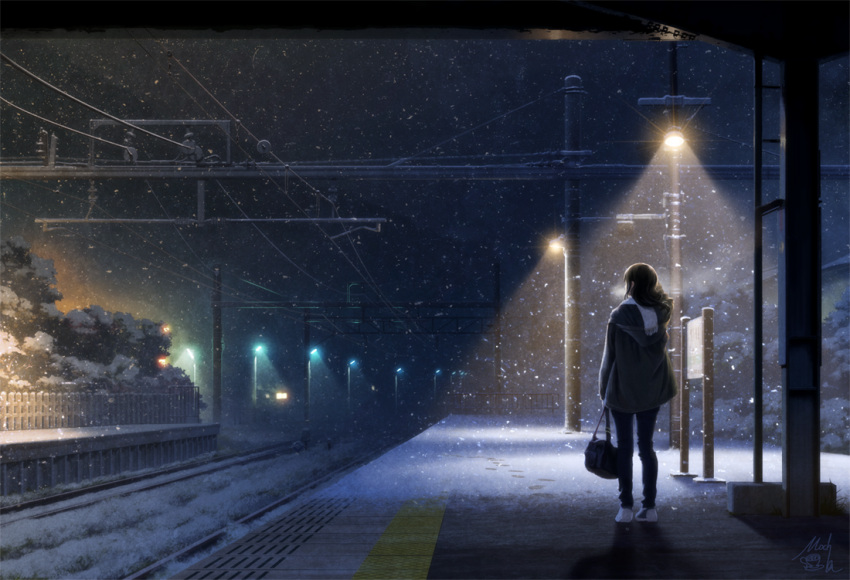 1girl arm_at_side autumn_leaves back bag black_hair black_pants cable coat fence from_behind hand_up holding_bag legs_apart lonely long_sleeves night night_sky original outdoors pants pole railing railroad_signal railroad_tracks road_sign scarf scenery shadow shoes shoulder_bag sign signature sky snow snowing solo standing technoheart train_station tree white_scarf white_shoes winter