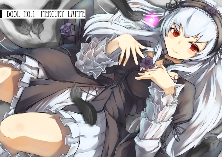 1girl black_feathers commentary_request engrish gedou_(shigure_seishin) gothic_lolita hairband highres lolita_fashion lolita_hairband long_hair looking_at_viewer lying ranguage red_eyes rozen_maiden silver_hair smile solo suigintou