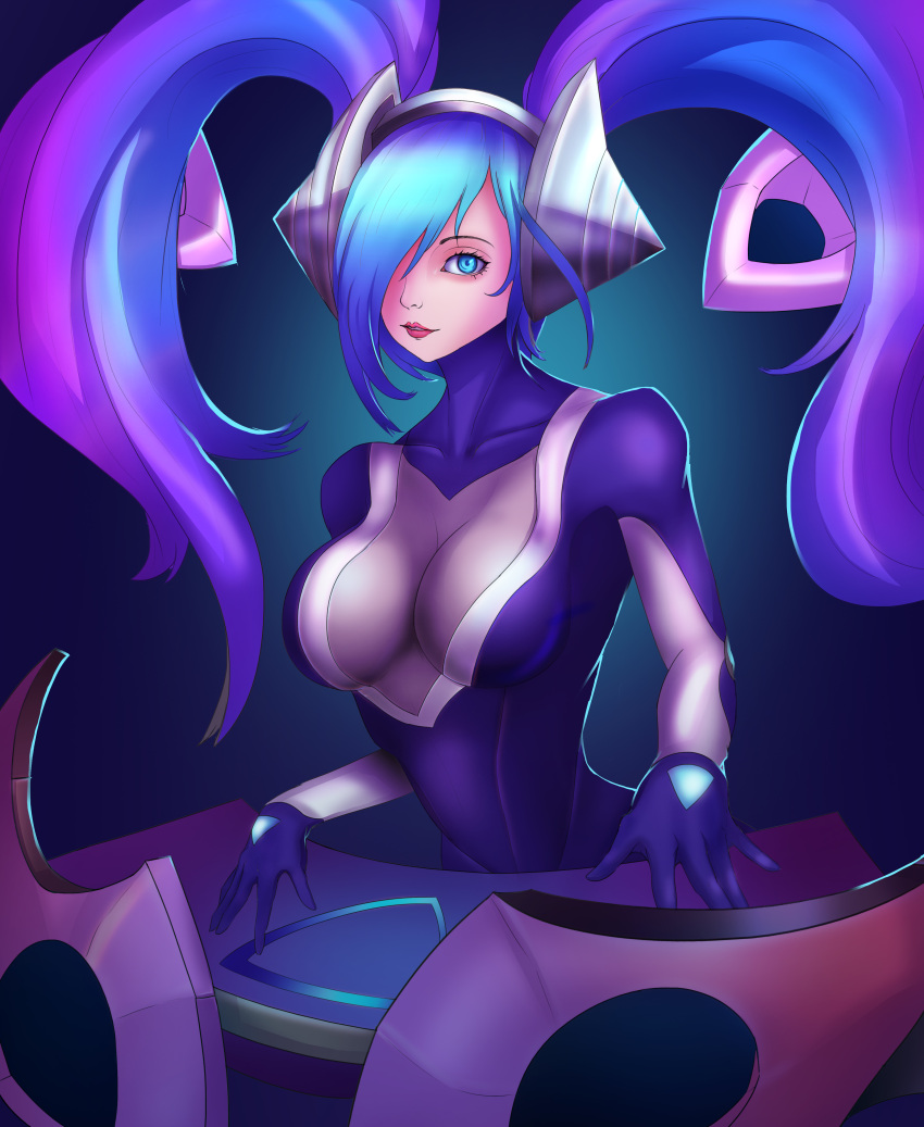1girl absurdres alternate_costume blue_eyes blue_hair bodysuit breasts dj_sona hair_over_one_eye headphones highres instrument keyboard_(instrument) large_breasts league_of_legends lipstick long_hair looking_at_viewer makeup matching_hair/eyes red_lipstick skin_tight solo sona_buvelle twintails vinn_lam