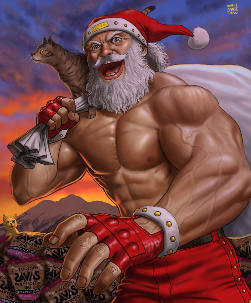 &gt;:d 1boy 2016 :d absurdres animal animal_on_shoulder artist_name bad_id beard blue_eyes blush carrying cat cat_on_shoulder christmas clouds collarbone dated evening facial_hair fingerless_gloves gloves grey_hair hat highres looking_at_viewer male_focus manly matataku muscle mustache nipples old_man open_mouth original outdoors over_shoulder package pants pink_lips red_gloves red_hat red_pants sack santa_claus santa_hat shirtless sky smile solo surprised_cat_(matataku) teeth topless veins whiskers