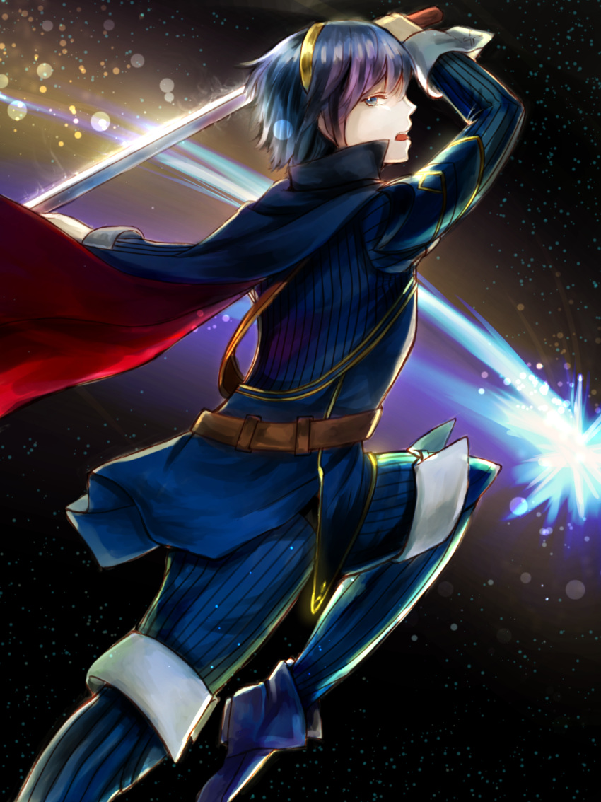 1boy belt blue_eyes blue_hair cape fire_emblem fire_emblem:_mystery_of_the_emblem highres holding holding_weapon jewelry male_focus marth matching_hair/eyes solo solo_focus sword tiara weapon