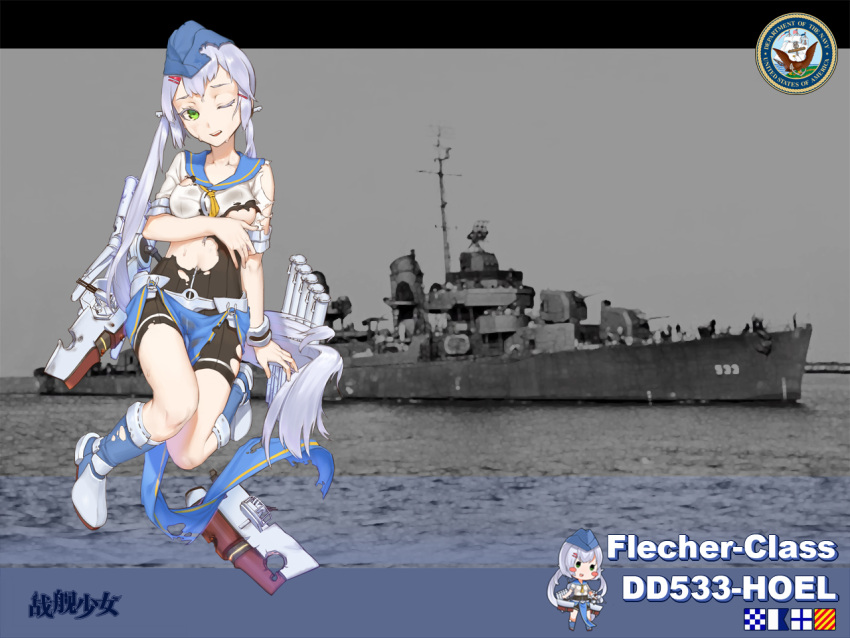 1girl black_shorts blue_boots blue_hat boots breasts broken cannon character_name copyright_name damaged full_body garrison_cap green_eyes hair_ornament hairclip hat heiyz hoel_(zhan_jian_shao_nyu) long_hair looking_at_viewer machinery military military_vehicle official_art one_eye_closed open_mouth photo_background ponytail sailor_collar ship shirt short_sleeves shorts silver_hair solo teeth text torn_clothes torpedo turret uss_hoel_(dd-533) very_long_hair warhship warship watercraft white_shirt zhan_jian_shao_nyu