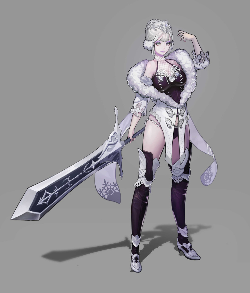 1girl absurdres bare_shoulders black_legwear braid breasts closed_mouth detached_sleeves french_braid full_body fur_trim grey_eyes hand_up high_heels highres holding holding_sword holding_weapon jozy legs_apart lipstick makeup mascara medium_breasts original purple_lips purple_lipstick shadow shoes short_hair smile solo standing sword thigh-highs tiara weapon white_hair white_shoes