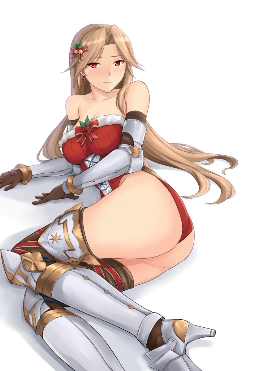 1girl ass bare_shoulders blush breasts brown_hair catalina_(granblue_fantasy) christmas cleavage collarbone cowter granblue_fantasy hair_ornament high_heels highres long_hair looking_at_viewer looking_to_the_side lying on_side red_eyes simple_background solo terry_(pixiv3274443) vambraces