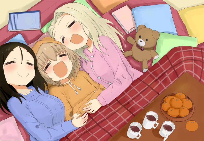 animal_hood blonde_hair blush bowl brown_hair clara_(girls_und_panzer) closed_eyes cup food fruit girls_und_panzer group_hug hairband hood hug katyusha kemu_(guruguru_dan) kotatsu long_hair lying mandarin_orange mug multiple_girls nonna on_back on_side open_mouth pajamas pillow short_hair sleeping smile table under_kotatsu under_table