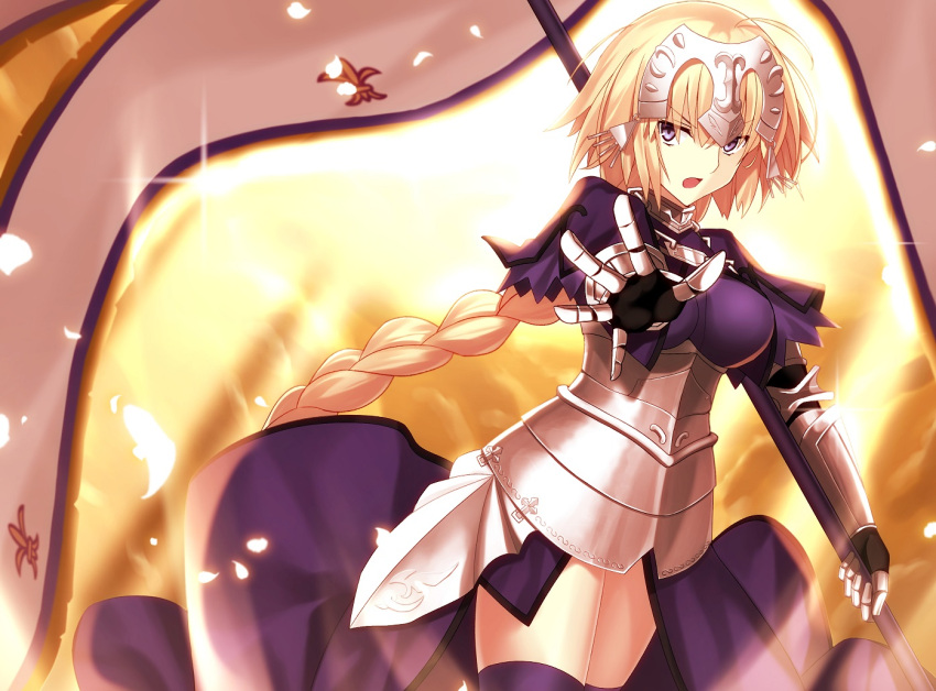 1girl armor blonde_hair breasts fate/grand_order fate_(series) headpiece large_breasts long_braid long_hair looking_at_viewer minamina open_mouth ruler_(fate/apocrypha) solo standard_bearer thigh-highs thighs violet_eyes