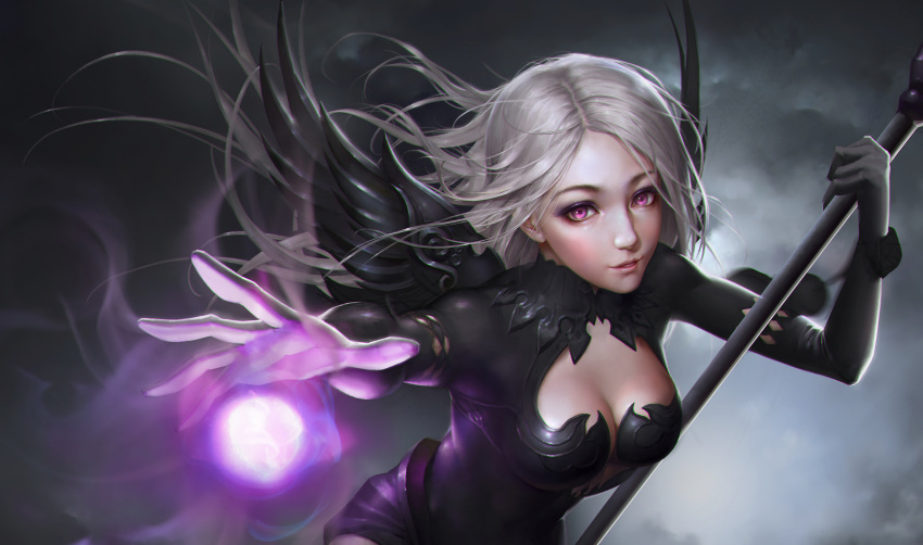 1girl absurdres bangs black_wings bodysuit breasts cleavage energy_ball eyelashes eyeliner floating_hair gloves grey_gloves hand_up high_collar highres holding holding_staff holding_weapon kongjian_bo long_hair makeup mascara medium_breasts nose original parted_bangs parted_lips silver_hair smile solo spread_wings staff upper_body violet_eyes weapon wings