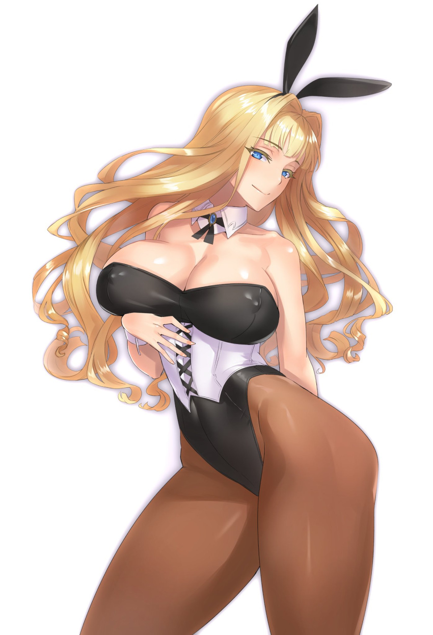 1girl animal_ears arm_behind_back bangs bare_shoulders blonde_hair blue_eyes breasts bunnysuit choker cleavage contrapposto corset cowboy_shot daglasses detached_collar erect_nipples eyebrows_visible_through_hair fake_animal_ears hair_intakes hairband highres large_breasts leotard long_hair looking_at_viewer original pantyhose rabbit_ears simple_background smile solo standing thick_thighs thighs underbust white_background wrist_cuffs