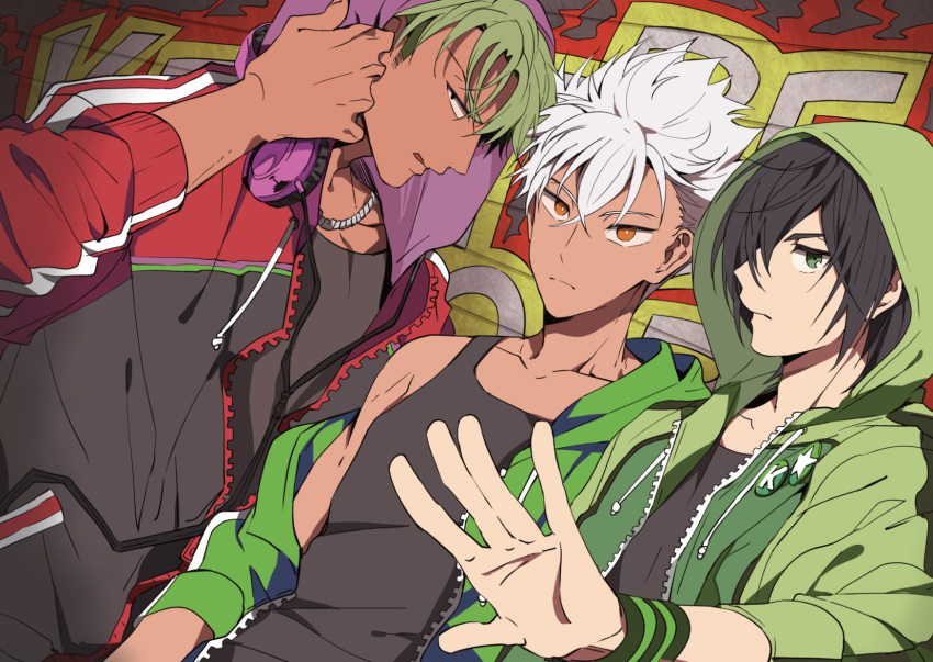 3boys :p black_hair brown_eyes buttons closed_mouth dark_skin dark_skinned_male dutch_angle eunram green_eyes green_hair hair_over_one_eye headphones headphones_around_neck highres hood hoodie jacket jewelry king_of_prism_by_prettyrhythm kougami_taiga long_hair looking_at_viewer male_focus multiple_boys necklace nishina_kazuki off_shoulder open_clothes open_hoodie open_jacket outstretched_hand pretty_rhythm spiky_hair sweatband sweatshirt tank_top tongue tongue_out upper_body violet_eyes white_hair wristband yamato_alexander