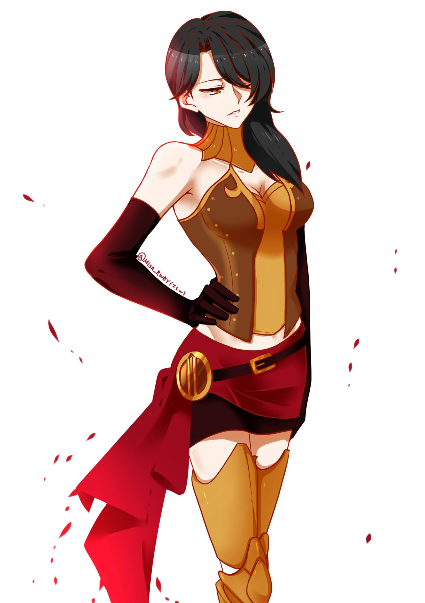 1girl absurdres armor belt black_gloves black_hair breasts cinder_fall cleavage cosplay gloves groin hair_over_one_eye hand_on_hip highres medium_breasts midriff navel parted_lips pyrrha_nikos pyrrha_nikos_(cosplay) red_eyes rwby solo twitter_username white_background