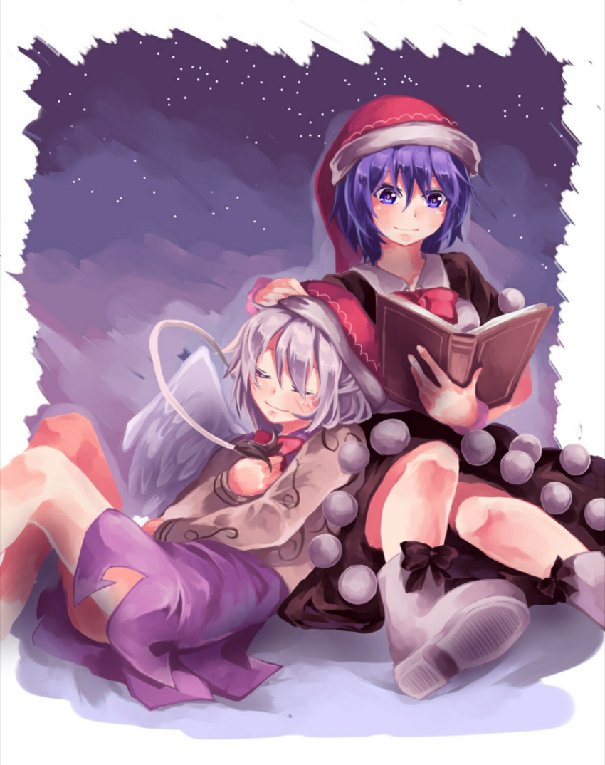 2girls ankle_boots arm_across_waist blue_eyes blue_hair blush book boots closed_eyes doremy_sweet dress gradient gradient_background hand_on_another's_head hand_on_own_chest hat highres jacket kishin_sagume knees_up layered_dress leaning_on_person multiple_girls nightcap open_book pom_pom_(clothes) purple_background purple_dress reading reclining santa_hat shometsu-kei_no_teruru short_dress short_hair silver_hair single_wing sky smile star_(sky) starry_sky tail tapir_tail touhou wings yuri