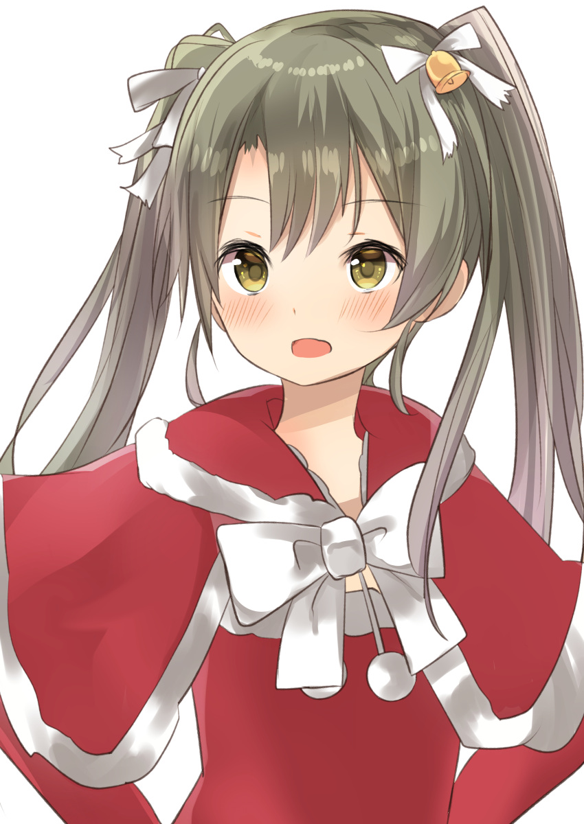 1girl absurdres alternate_costume bell blush capelet commentary_request cowboy_shot eyebrows green_hair hair_ornament hair_ribbon highres jingle_bell kantai_collection long_hair natsu_(sinker8c) open_mouth out_of_frame ribbon santa_costume simple_background solo twintails upper_body white_background yellow_eyes younger zuikaku_(kantai_collection)
